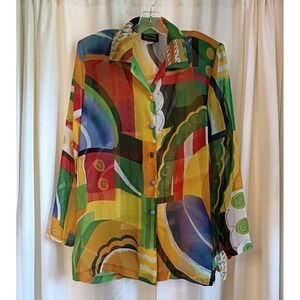 Season Design Women's Size XL 90's Print Sheer Button Up Long  Sleeve Blouse Vtg